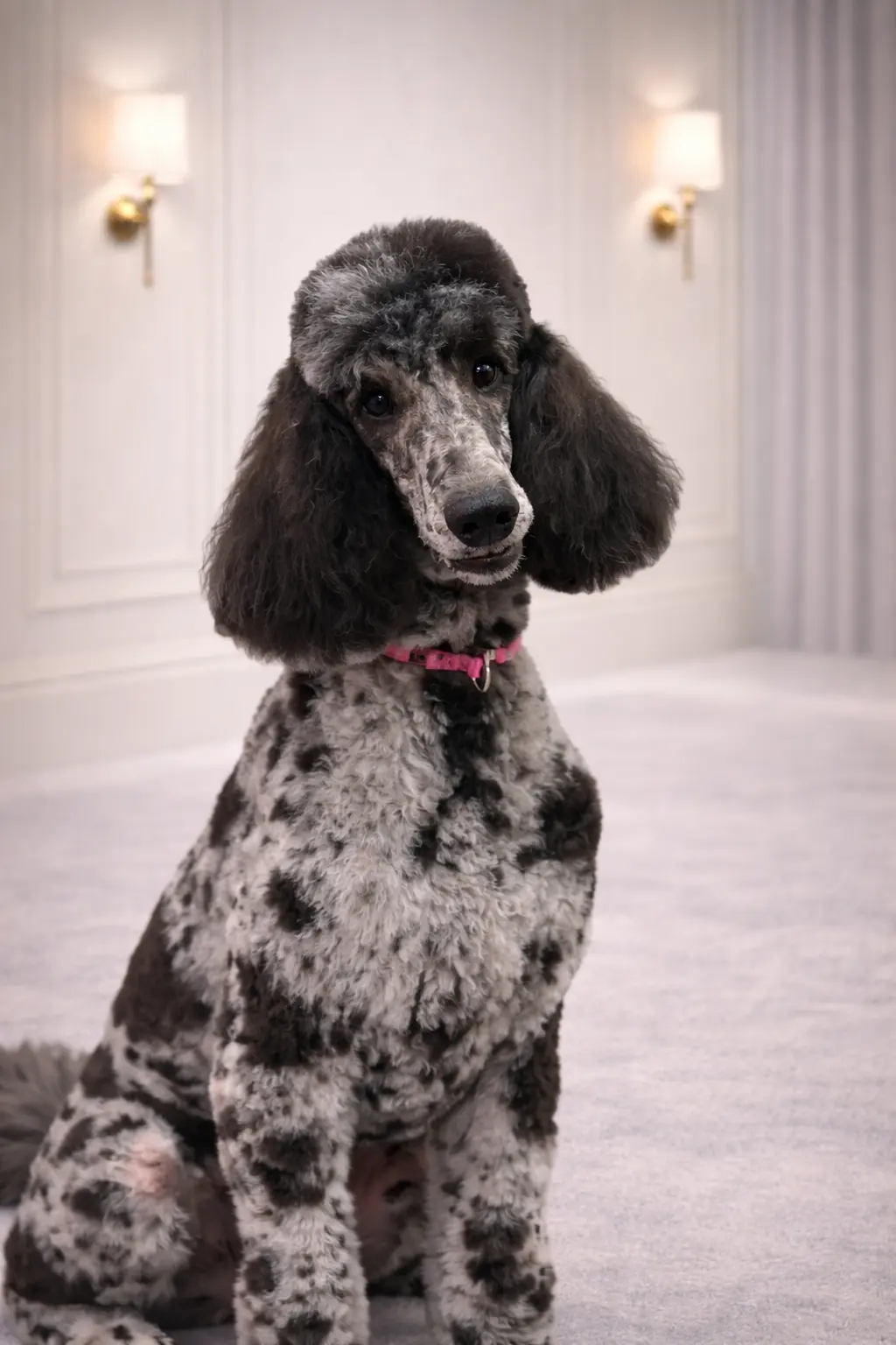 Black and gray spotted Standard Poodle with pink collar groomed at Pawfect Beauty Las Vegas