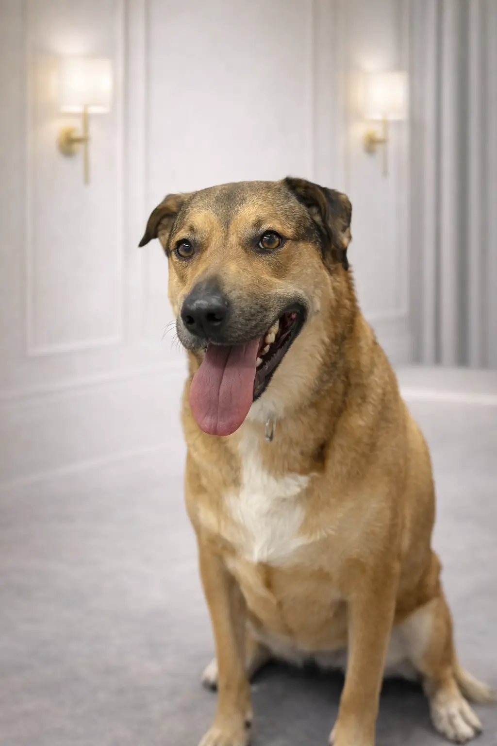 Tan shepherd mix looking happy after grooming at Pawfect Beauty Las Vegas