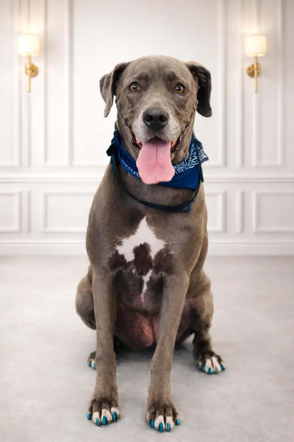 Gray Pit Bull mix with blue bandana and blue nails groomed at Pawfect Beauty Las Vegas