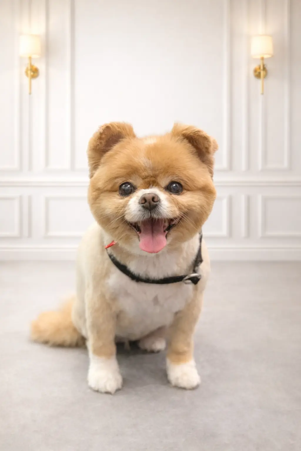Orange-tan Pomeranian with trimmed coat groomed at Pawfect Beauty Las Vegas