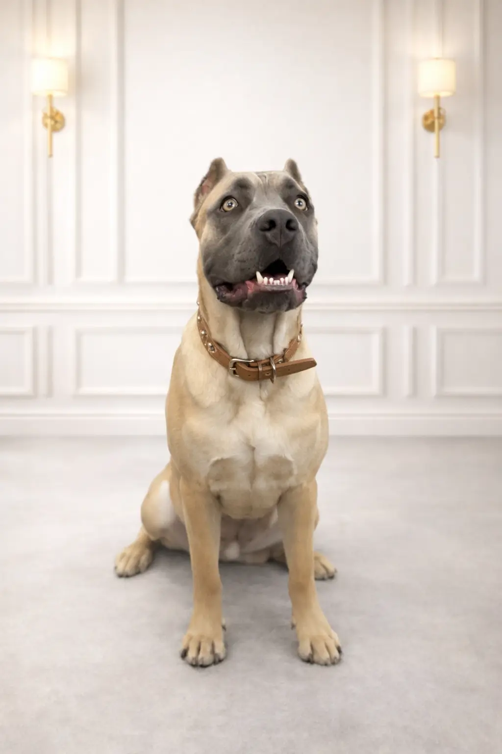Blue-nosed Cane Corso mix with tan coat and leather collar groomed at Pawfect Beauty Las Vegas