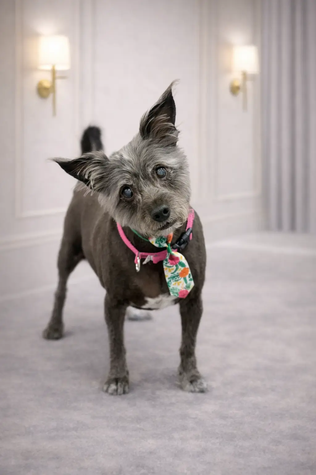 Small gray terrier mix with floral tie groomed at Pawfect Beauty Las Vegas