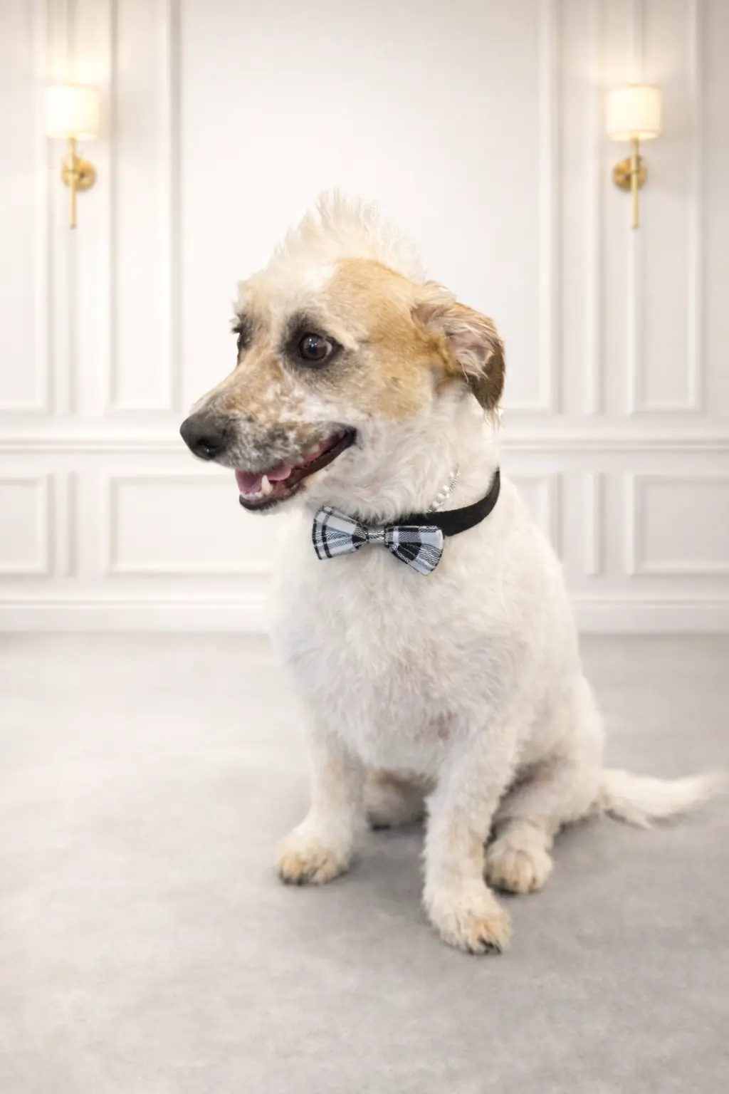 White terrier mix with plaid bow tie groomed at Pawfect Beauty Las Vegas