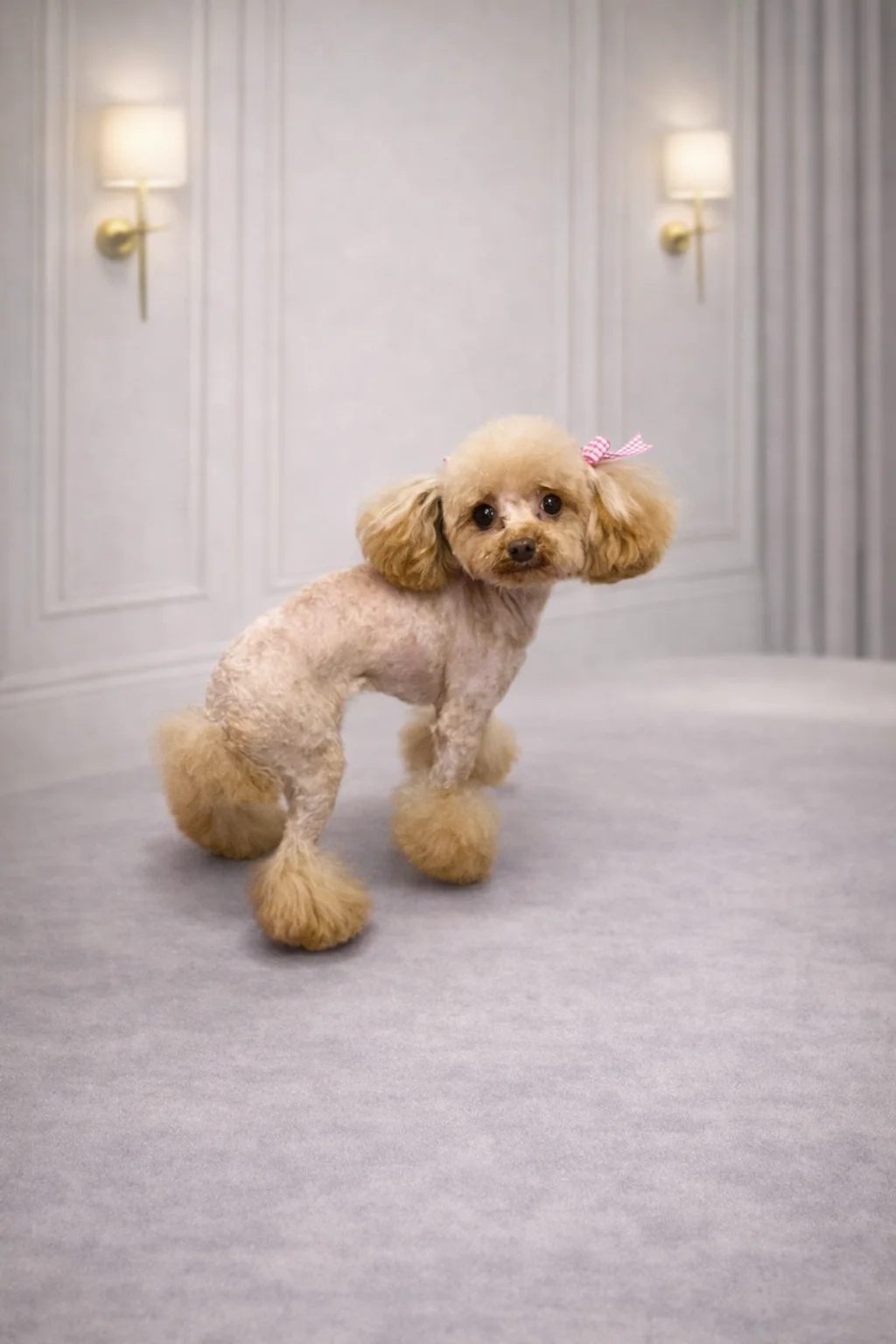 Apricot Toy Poodle in teddy bear cut with pink bow groomed at Pawfect Beauty Las Vegas