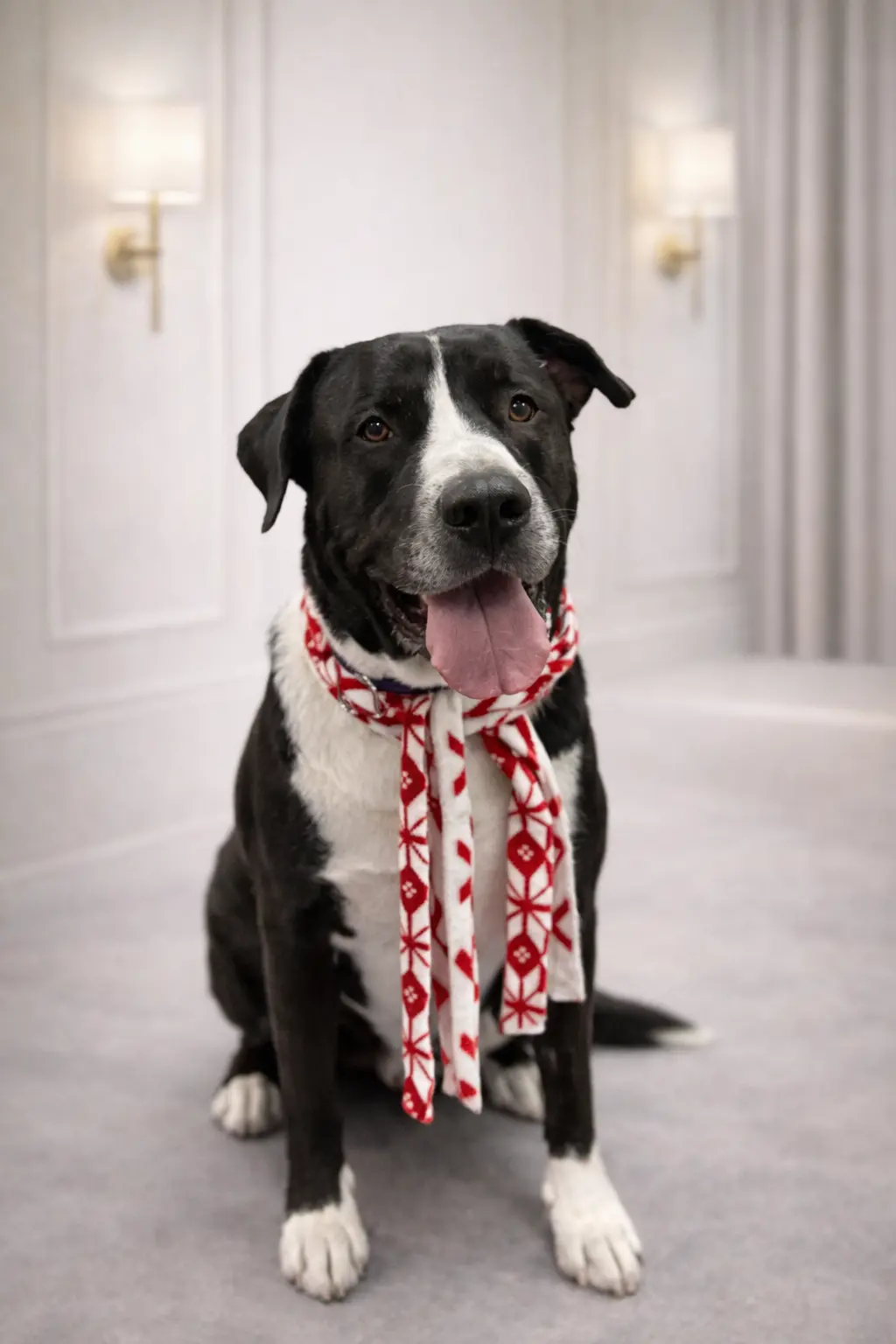 Black and white mixed breed dog with red holiday scarf groomed at Pawfect Beauty Las Vegas