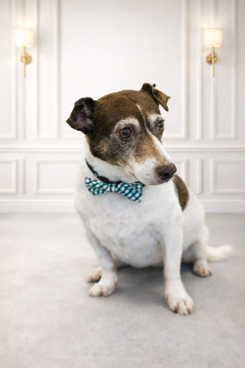 Jack Russell Terrier mix with teal bow tie groomed at Pawfect Beauty Las Vegas