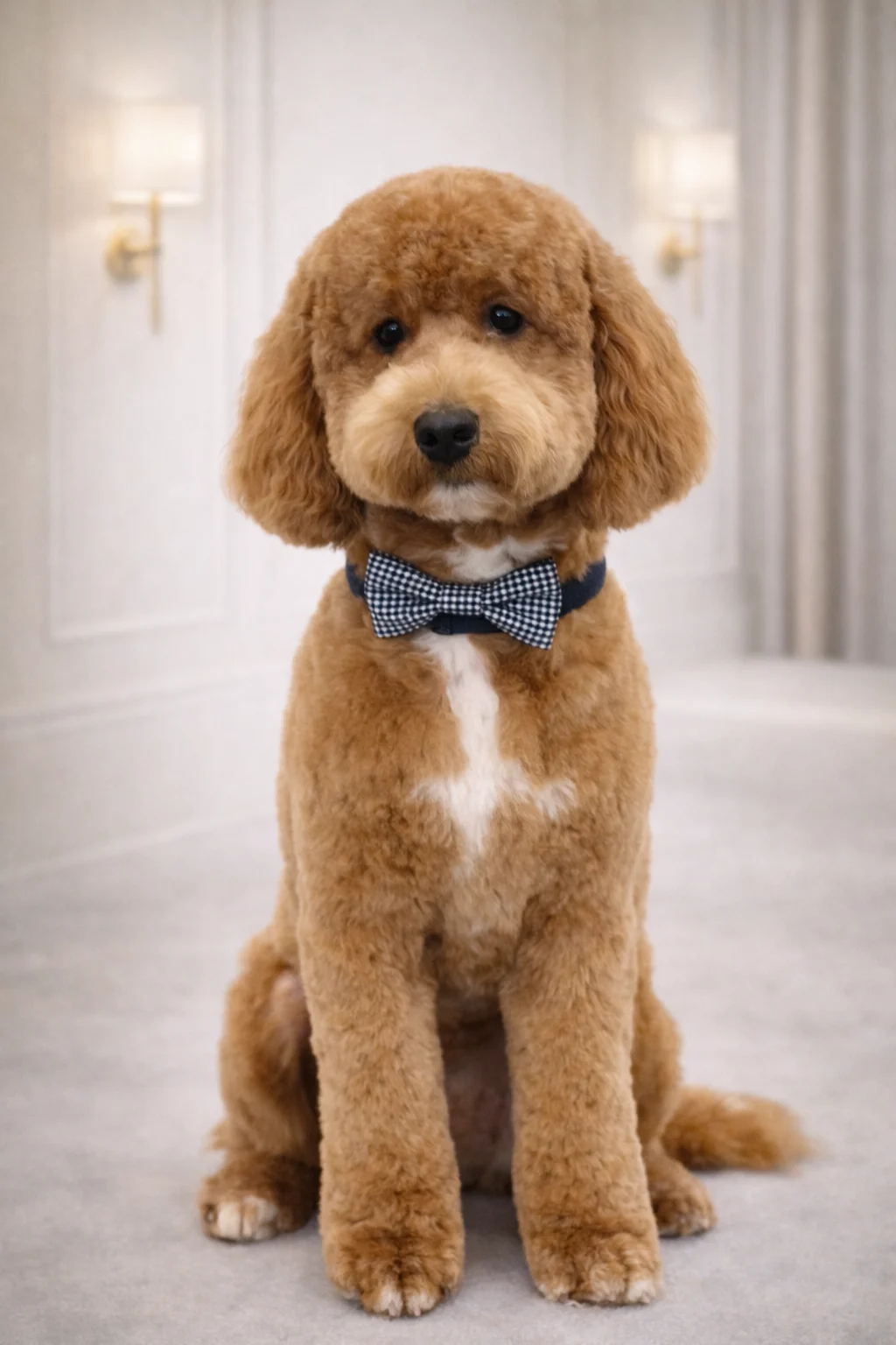 Apricot Poodle with navy bow tie groomed at Pawfect Beauty Las Vegas