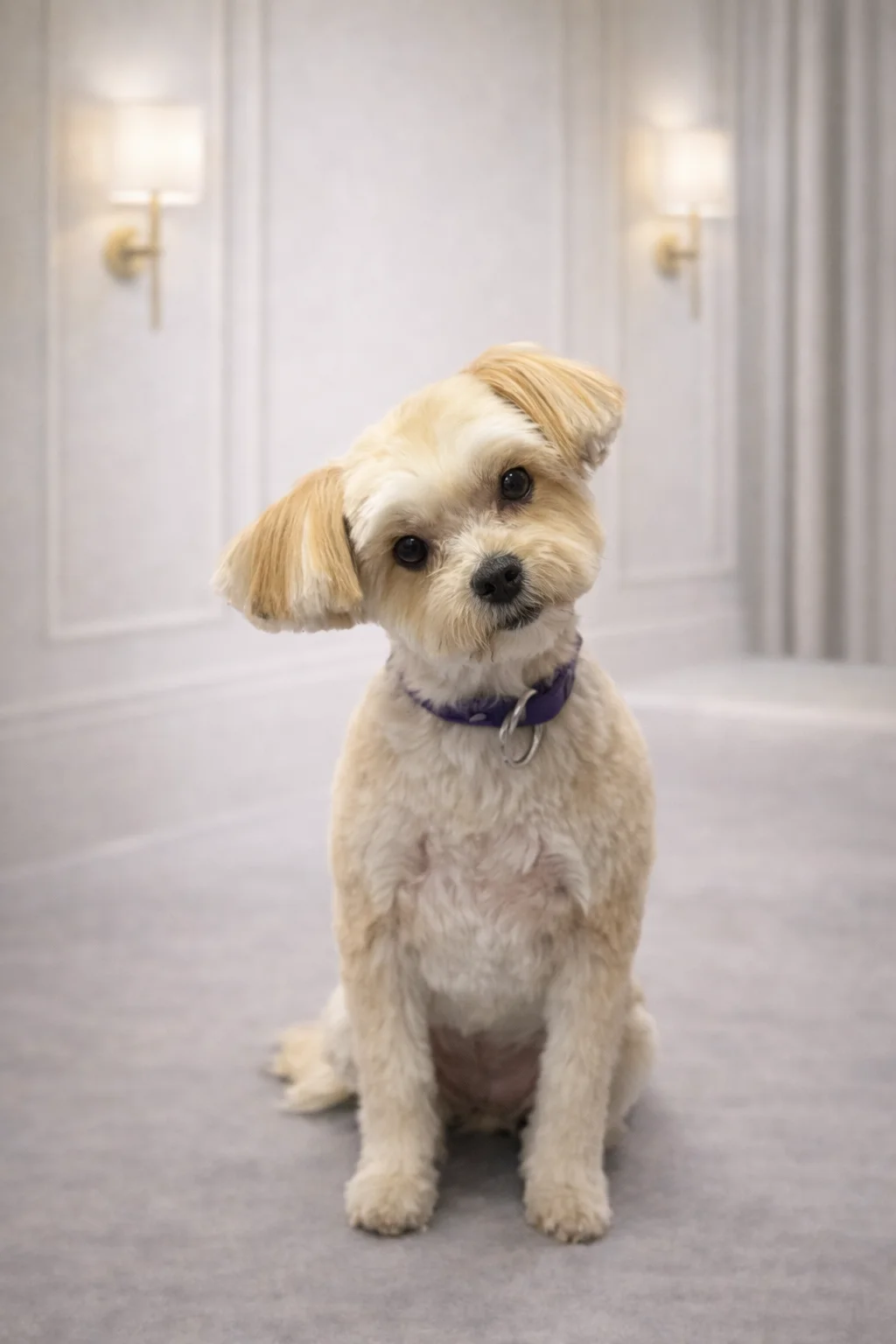 Small cream Maltipoo with purple collar groomed at Pawfect Beauty Las Vegas