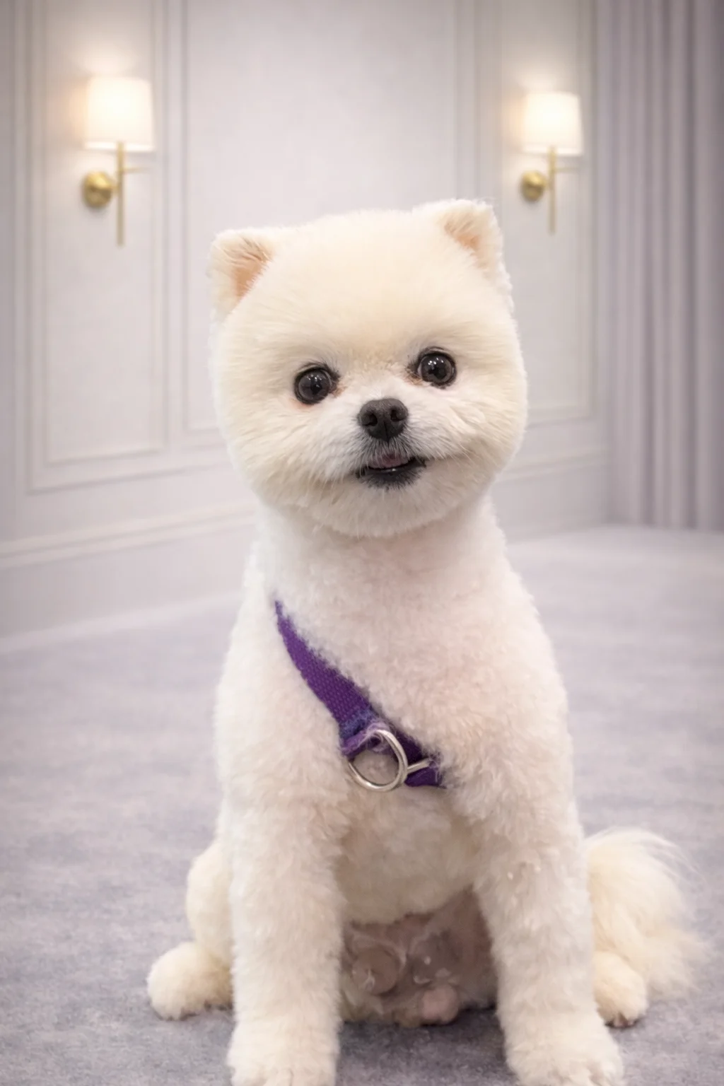 White Pomeranian with purple harness groomed at Pawfect Beauty Las Vegas