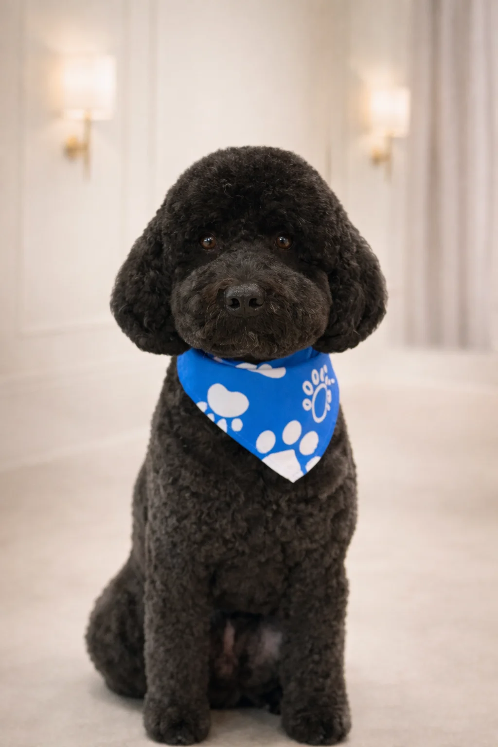 Black Poodle with blue paw print bandana groomed at Pawfect Beauty Las Vegas