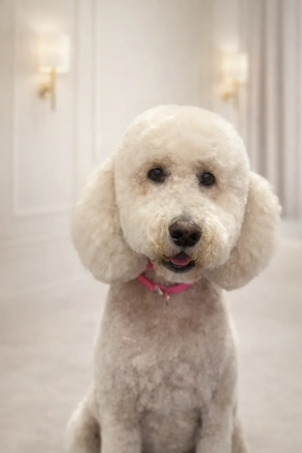 White Poodle with pink collar groomed at Pawfect Beauty Las Vegas