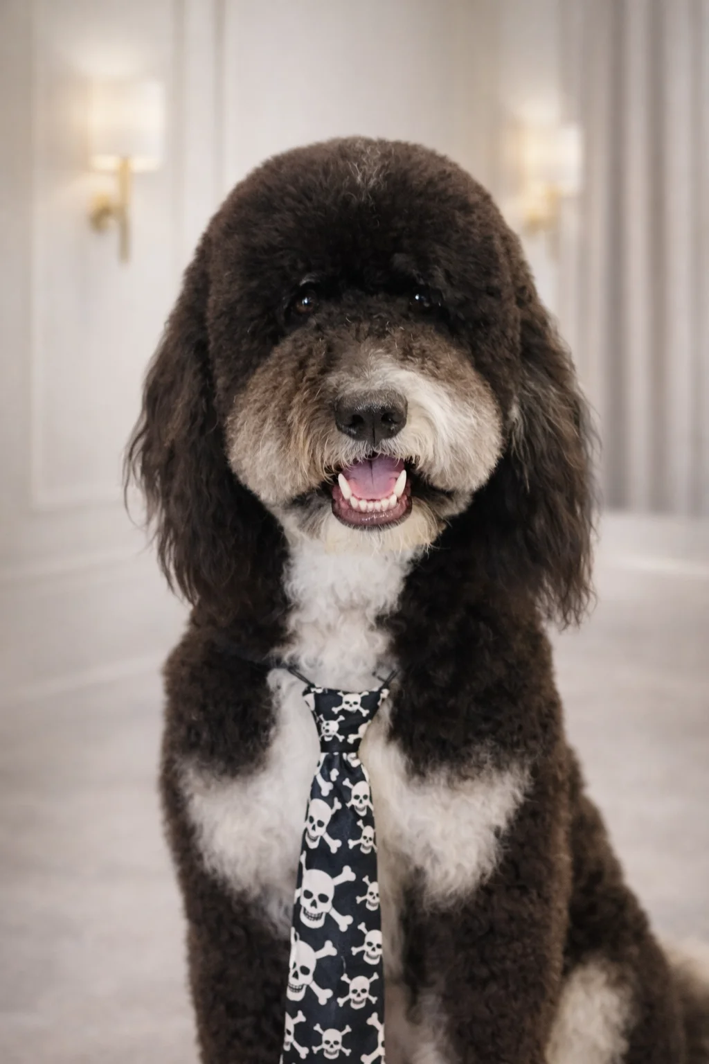 Dark Bernedoodle with skull necktie groomed at Pawfect Beauty Las Vegas