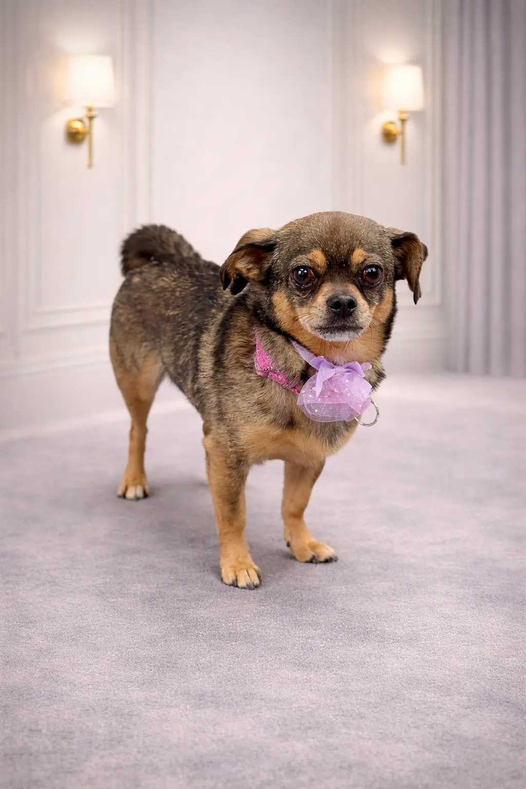 Small Chihuahua mix with pink bow groomed at Pawfect Beauty Las Vegas