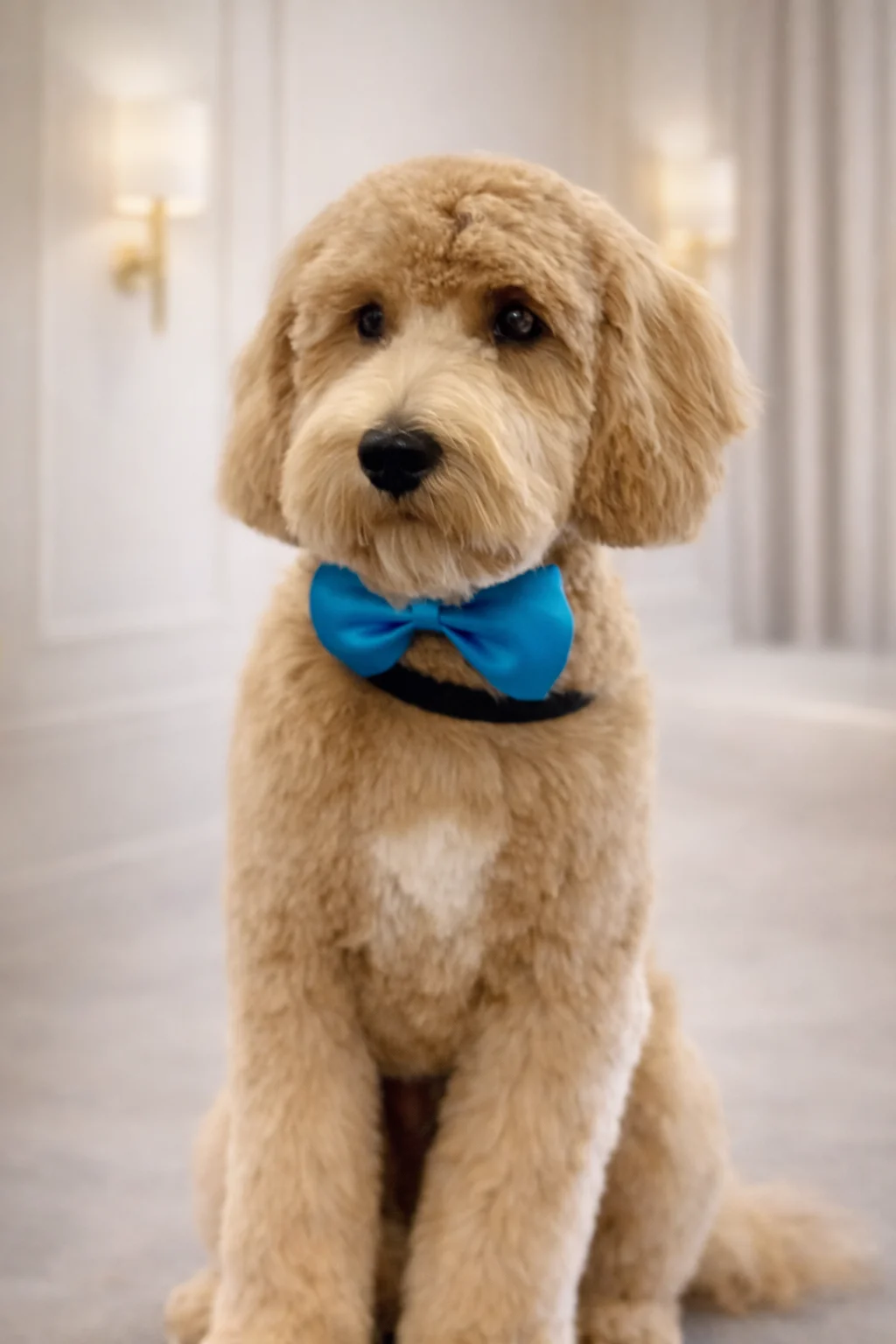 Golden Goldendoodle with blue bow tie groomed at Pawfect Beauty Las Vegas