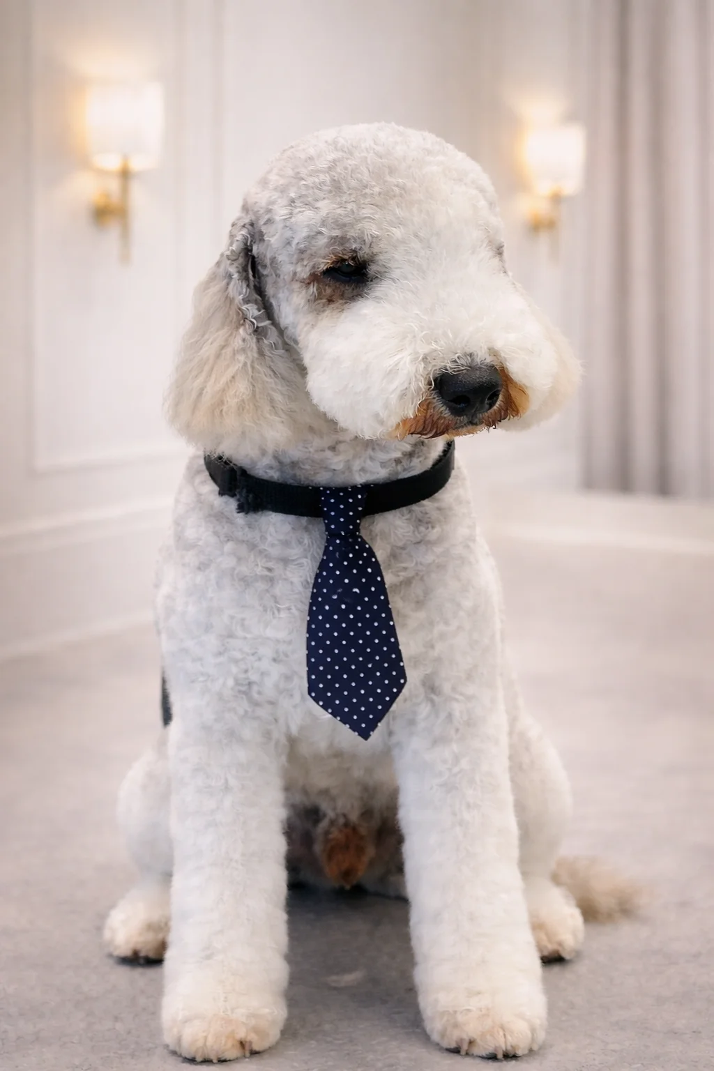 White and gray Bedlington Terrier mix with polka dot tie groomed at Pawfect Beauty Las Vegas