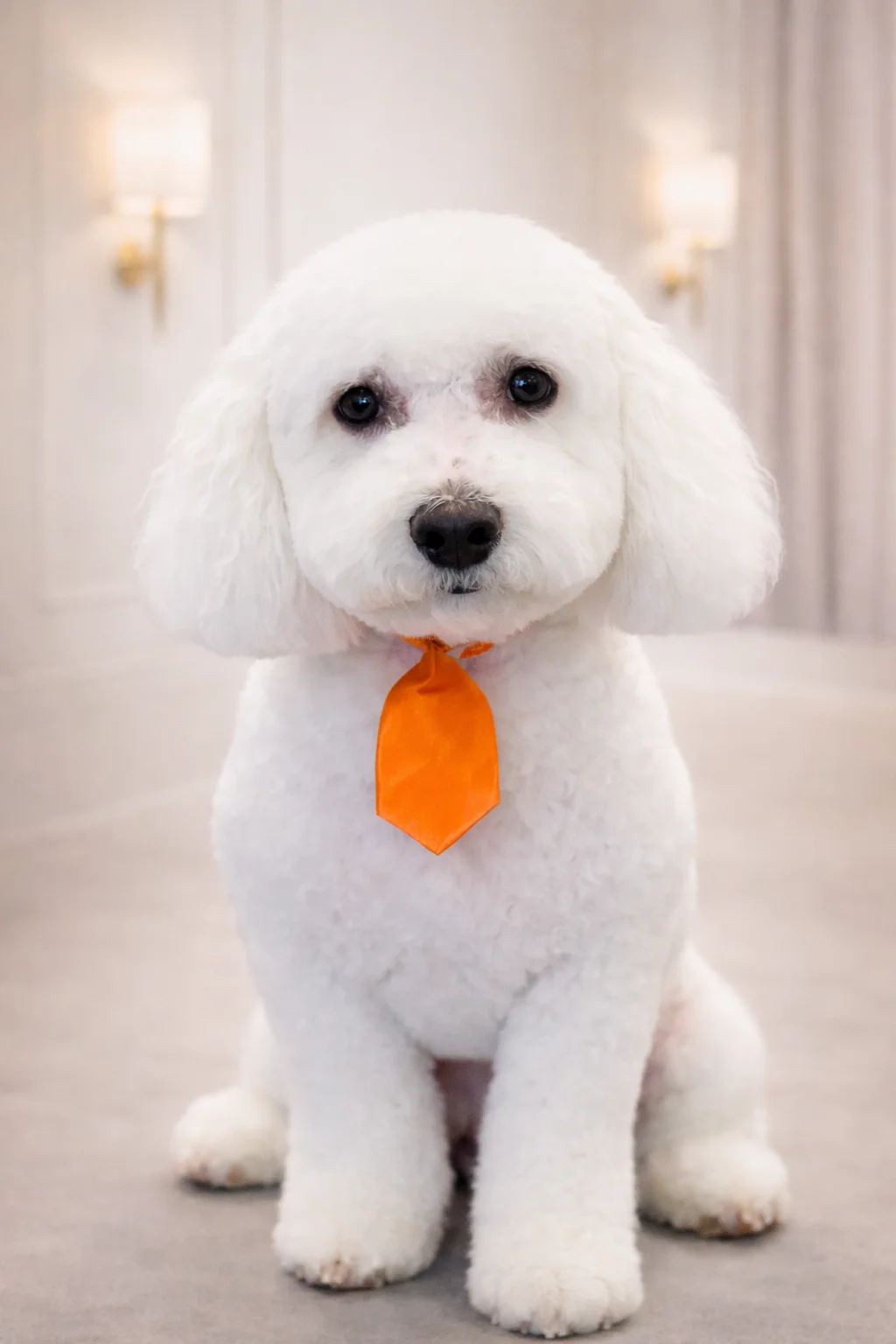 White Bichon Frise with orange tie groomed at Pawfect Beauty Las Vegas