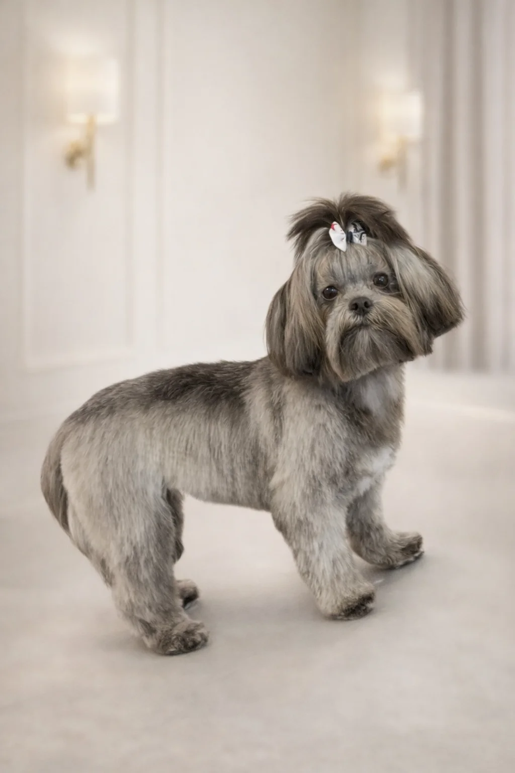 Gray Shih Tzu with hair clip after trim at Pawfect Beauty Las Vegas