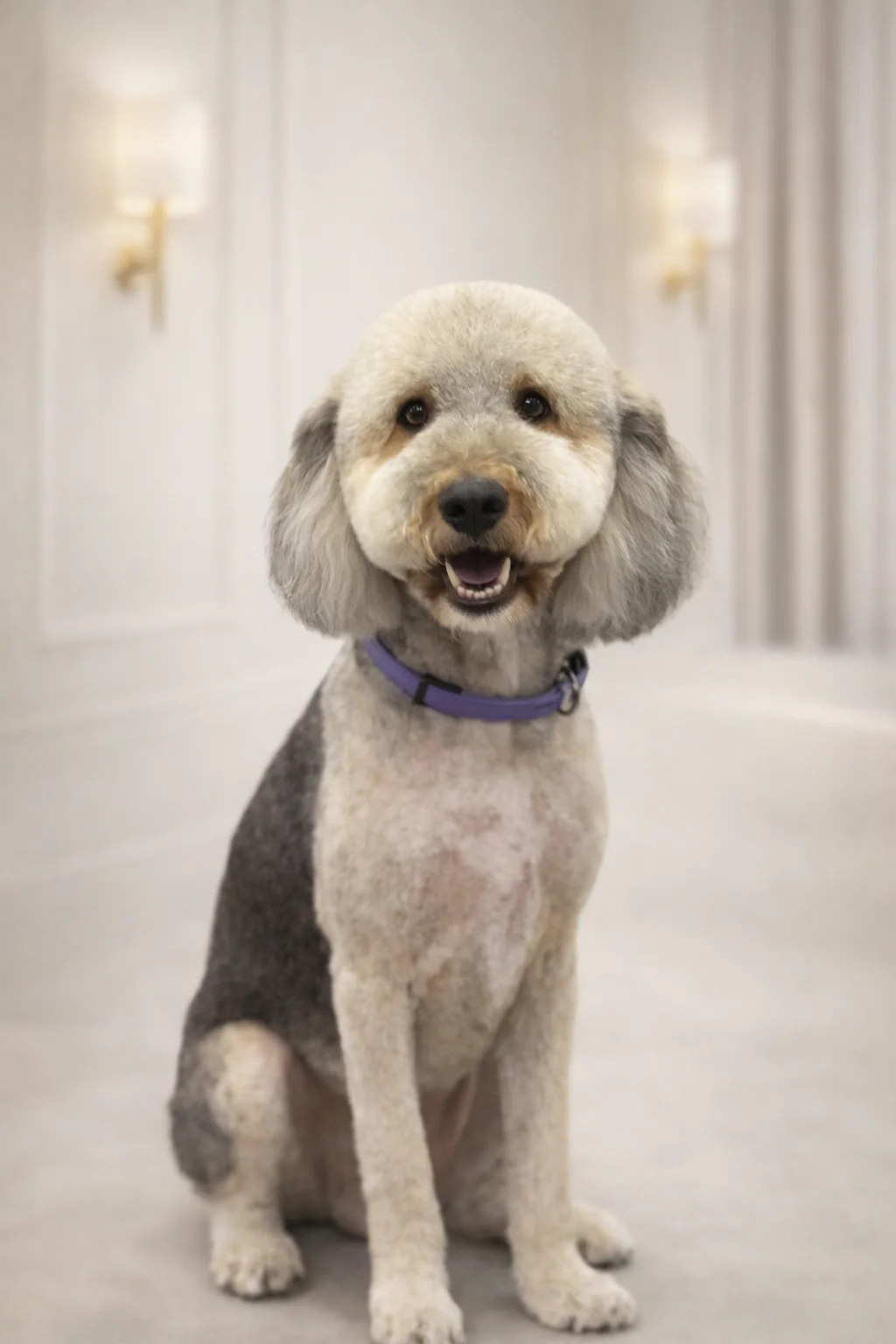 Silver-gray Poodle mix with purple collar groomed at Pawfect Beauty Las Vegas