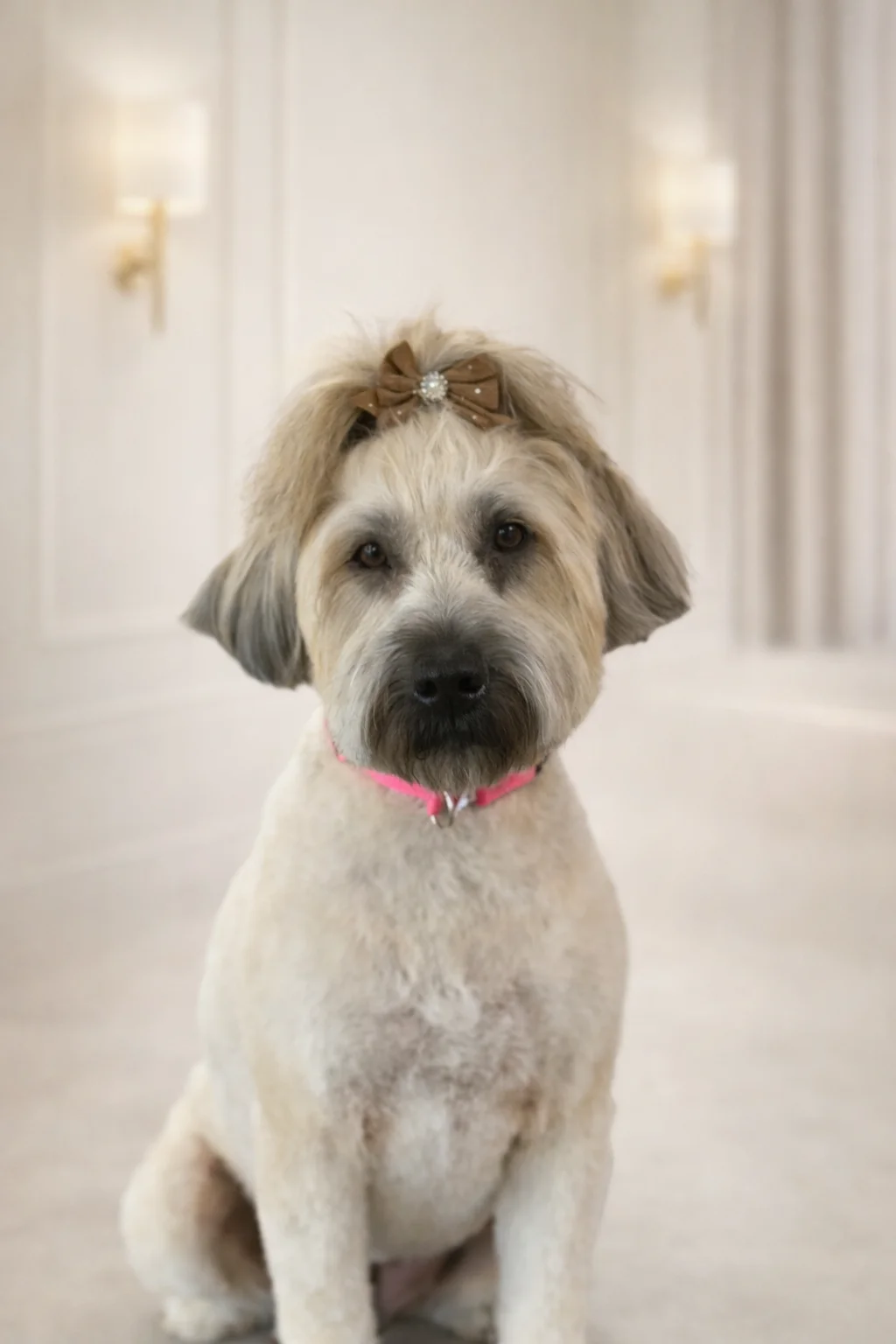 Cream Wheaten Terrier mix with gold bow and pink collar groomed at Pawfect Beauty Las Vegas
