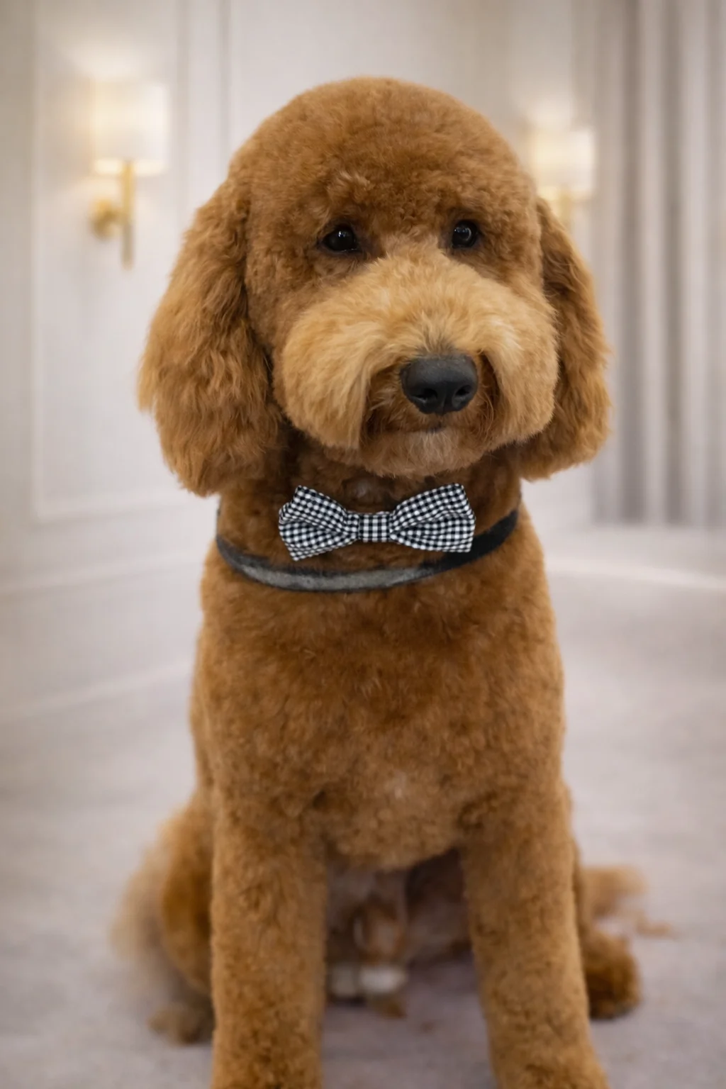 Red golden Standard Poodle with checkered bow tie groomed at Pawfect Beauty Las Vegas