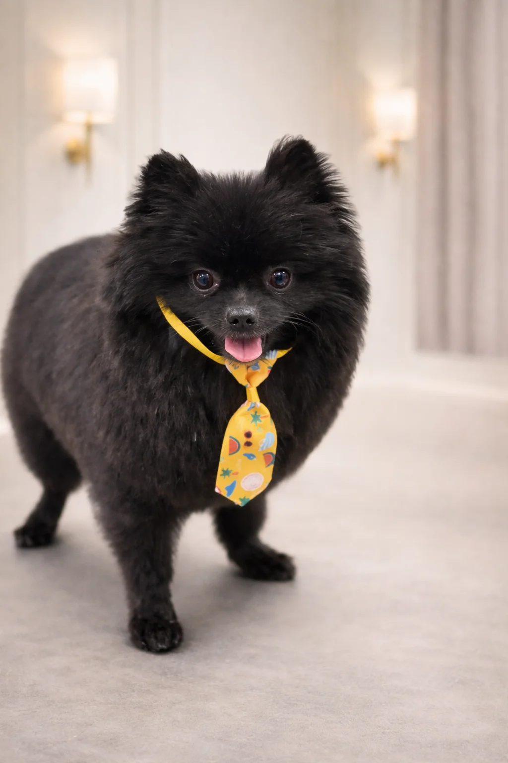 Black Pomeranian with yellow novelty tie groomed at Pawfect Beauty Las Vegas