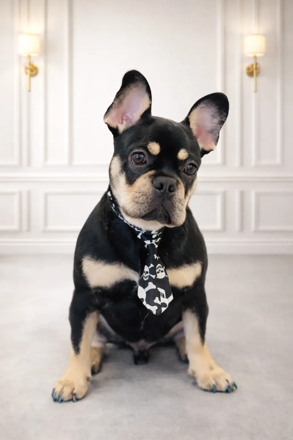 Black and tan French Bulldog with skull tie groomed at Pawfect Beauty Las Vegas