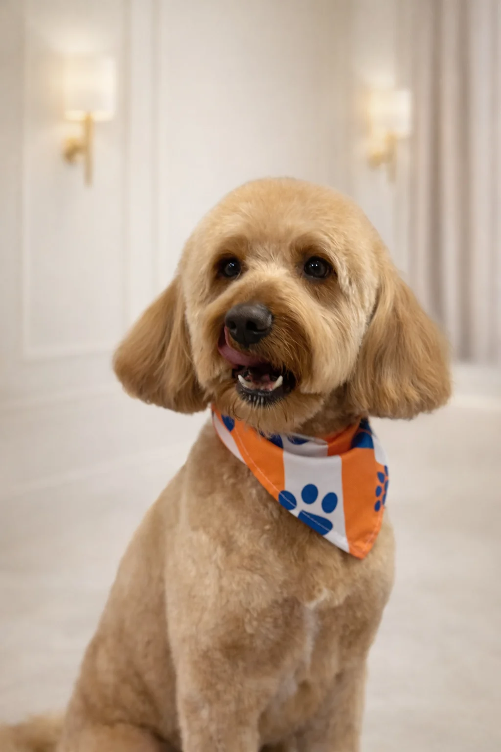 Golden Goldendoodle with orange paw print bandana groomed at Pawfect Beauty Las Vegas