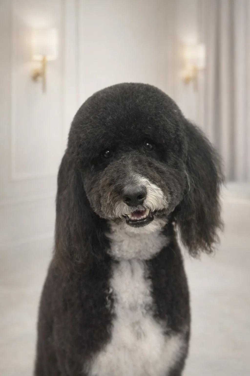 Black and white Standard Poodle after grooming at Pawfect Beauty Las Vegas
