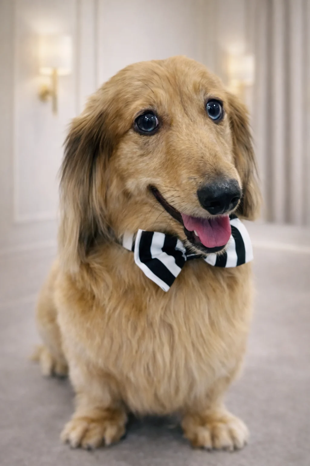 Golden long-haired Dachshund with striped bow tie groomed at Pawfect Beauty Las Vegas