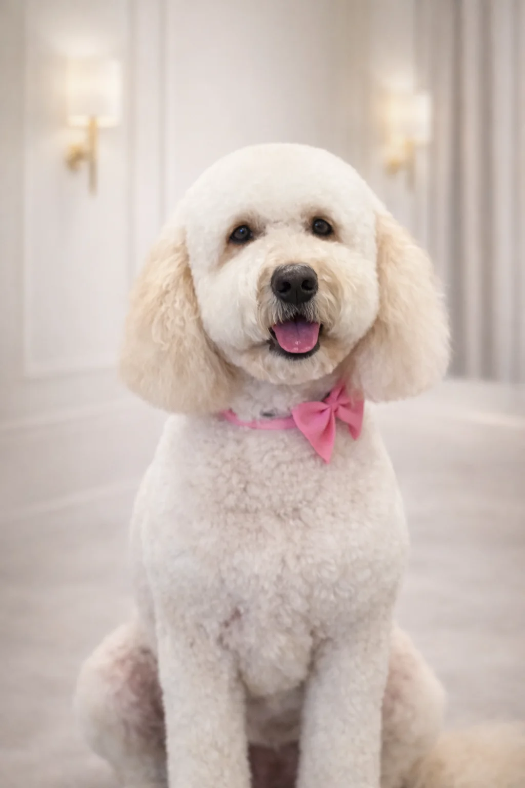 White Poodle with pink bow tie groomed at Pawfect Beauty Las Vegas