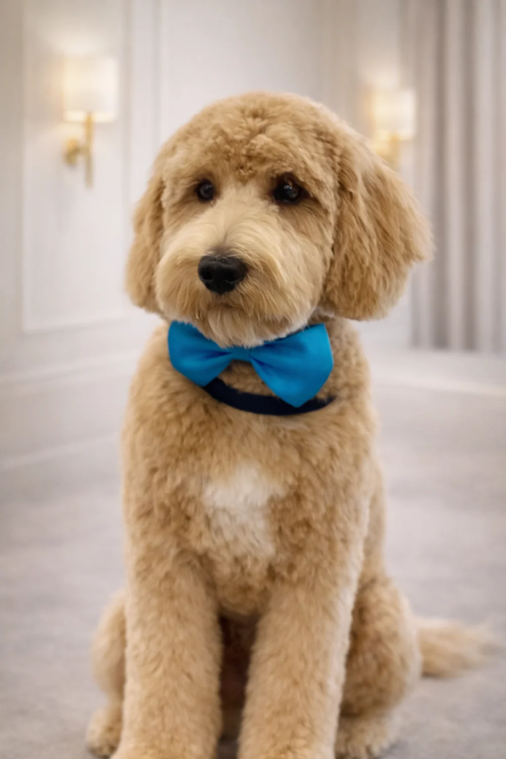 Golden Goldendoodle puppy with teal blue bow tie groomed at Pawfect Beauty Las Vegas
