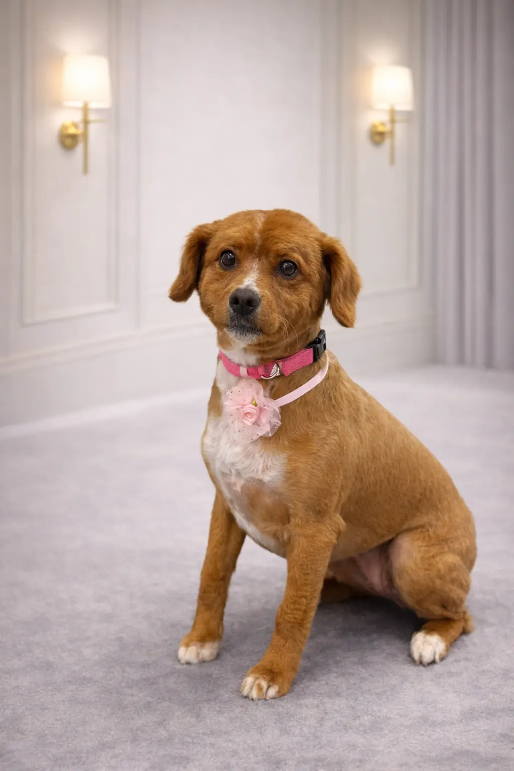 Golden mixed breed dog with pink flower collar groomed at Pawfect Beauty Las Vegas