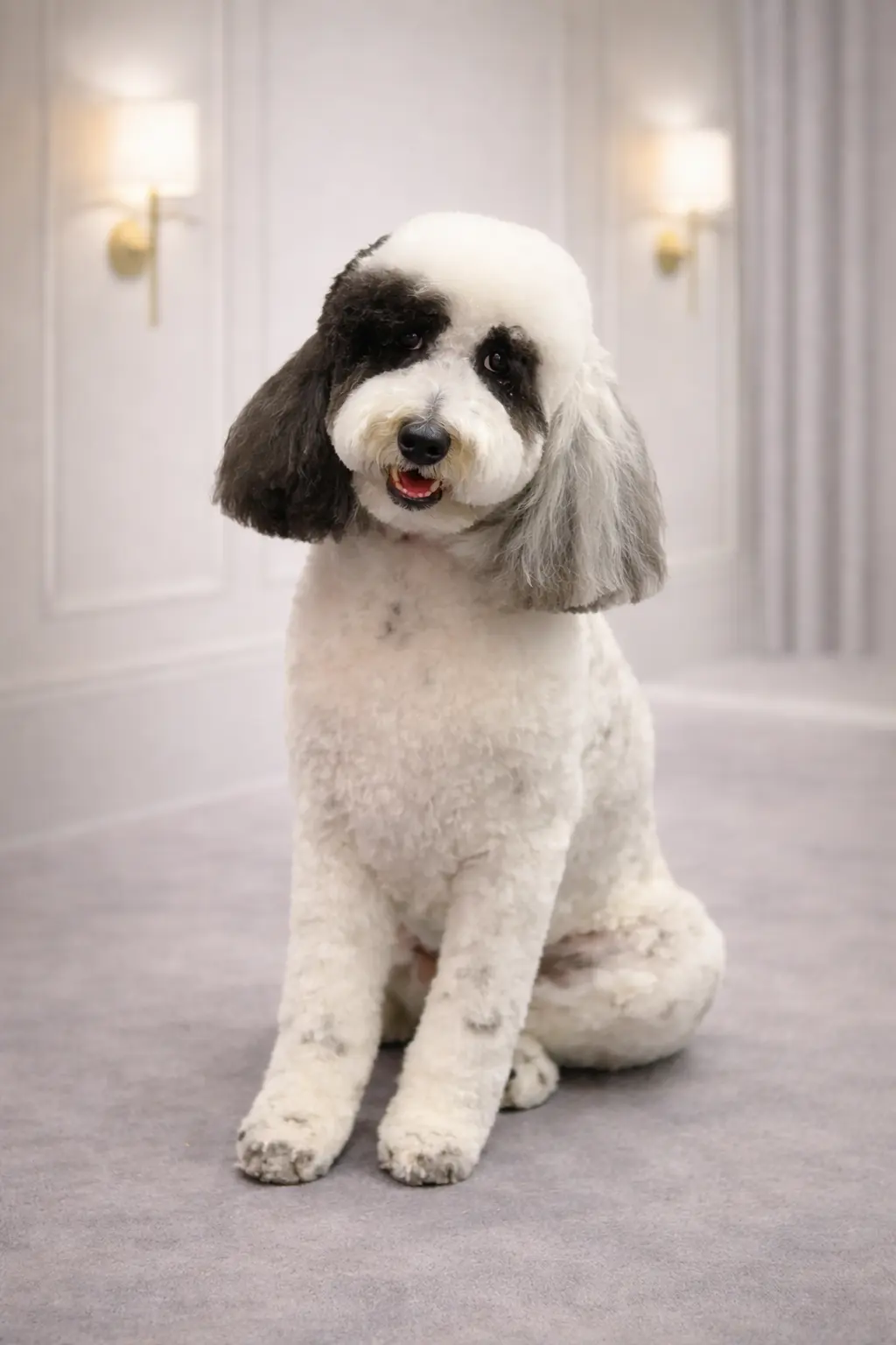 Black and white Doodle with fluffy groom at Pawfect Beauty Las Vegas