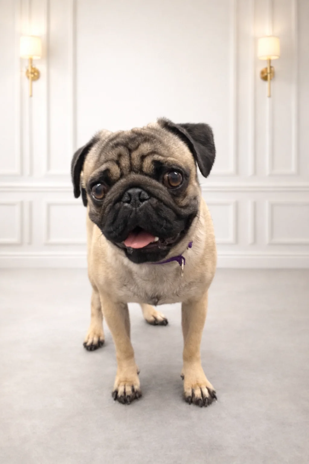 Fawn Pug with purple collar groomed at Pawfect Beauty Las Vegas