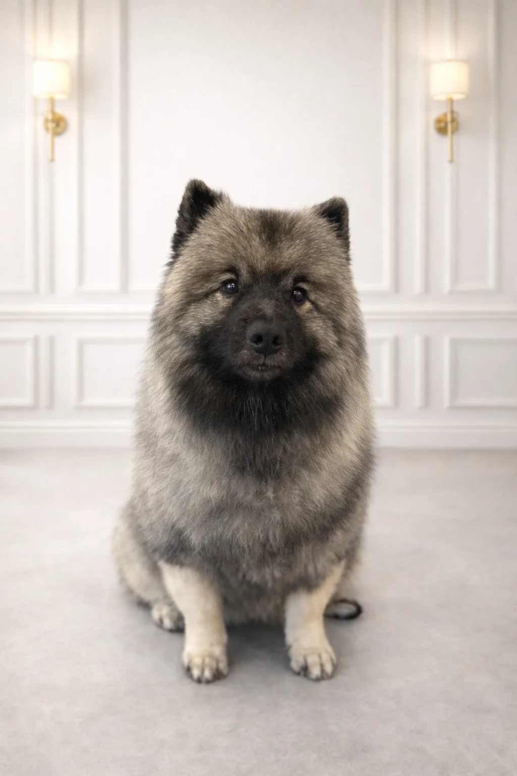 Gray Keeshond mix freshly groomed at Pawfect Beauty Las Vegas